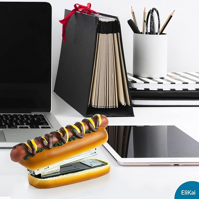 ELIKAI Hot Dog Stapler, Funny Gifts for Teachers and Principals, Unique Desk Accessory, Ideal Back-to-School Gift for Classroom or Teacher Lounge Decor, Includes 1000 Staples, Brown, 7 oz