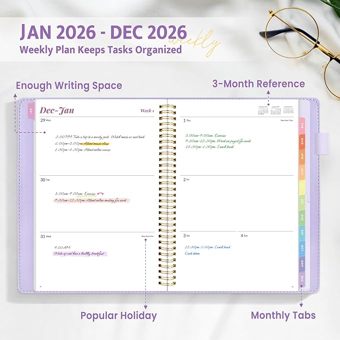 2026 Planner, Annecy Weekly ＆ Monthly Planner 2026, Jan. 2026 – Dec. 2026, 9" x 11" Monthly Agenda Planner with Tabs, Vegan Leather Cover, Spiral Binding, Double-sided Pocket, Bookmark, Purple
