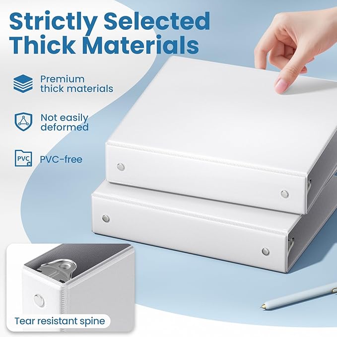 SUNEE 3 Ring Binders 1.5 Inch 10 Pack, Clear View Binders Three Ring PVC-Free (Fit 8.5x11 Inches) for School or Office Supplies, White