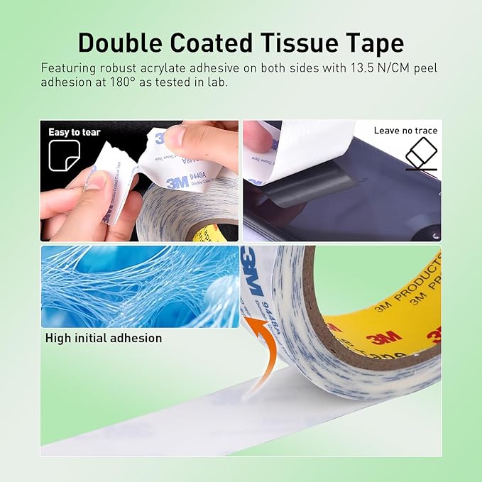 Double Sided Tape 9448A 1/2" x 33Ft Pack of 3 Made of 3M Super Sticky Adhesive Tape Ultra Thin Translucent Tissue Tape for Laptop Cell Phone Repairs Arts Crafts