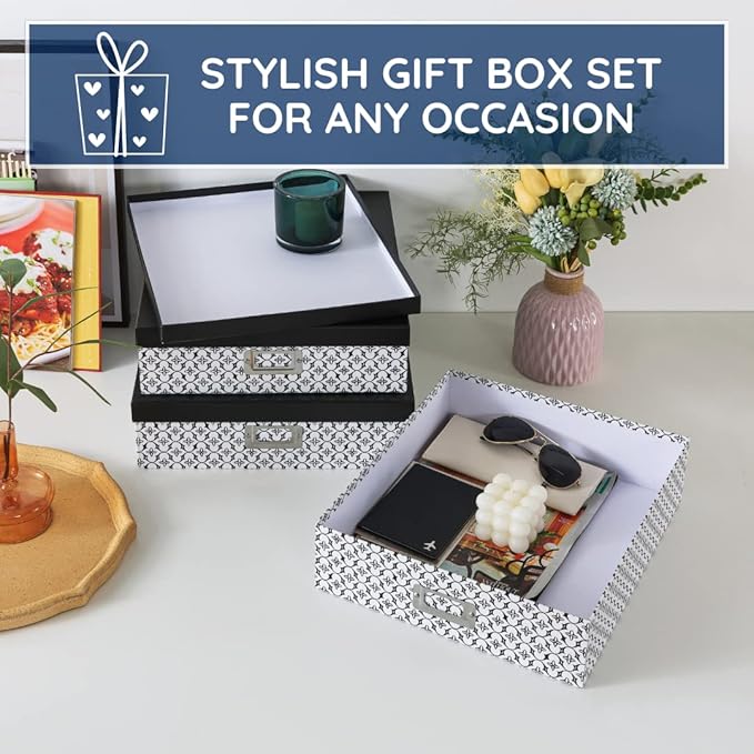 Soul & Lane Black and White Decorative Storage Boxes with Lids for Organizing, Set of 3 Jumbo Scrapbook Storage Boxes for Documents, Keepsakes, Memories, Modern Trellis