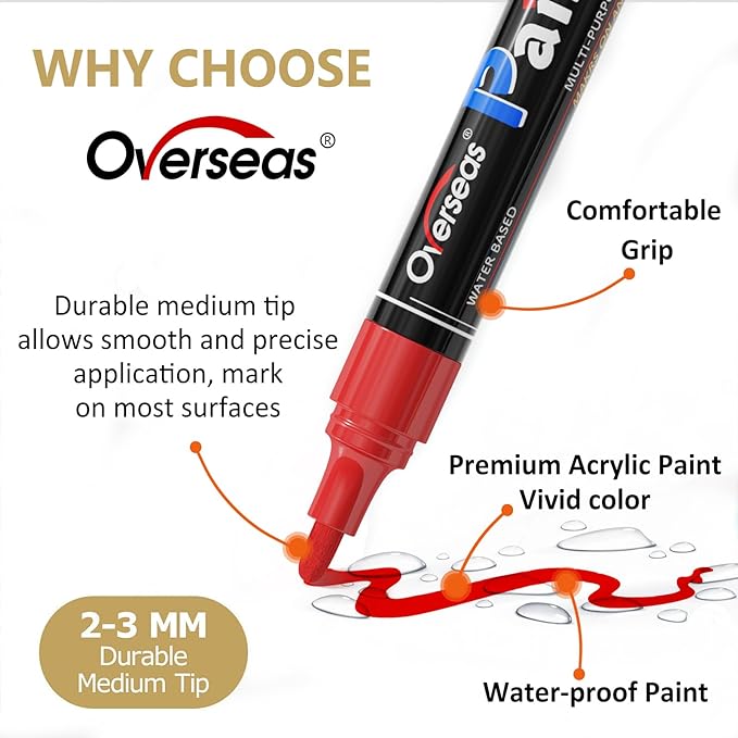 Overseas White Paint Pens - Permanent Acrylic Paint Markers 12 Pack, Water-Based, Quick Dry, Waterproof Marker Pen for Rock, Wood, Plastic, Metal, Canvas, Glass, Fabric, Tire, Mugs. Medium Tip