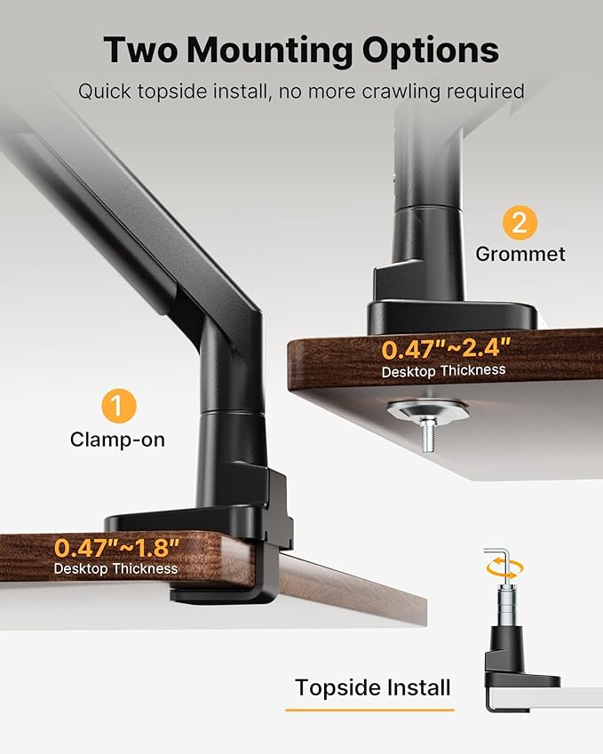 monTEK Sleek Aluminum Monitor Arm for 17–57” Ultrawide Screens up to 59.4 lbs, USB 3.0 A/C, Heavy Duty Single Monitor Arm Desk Mount, Pneumatic Lift, Quick-Release Plate, Clamp/Grommet, VESA 100x100