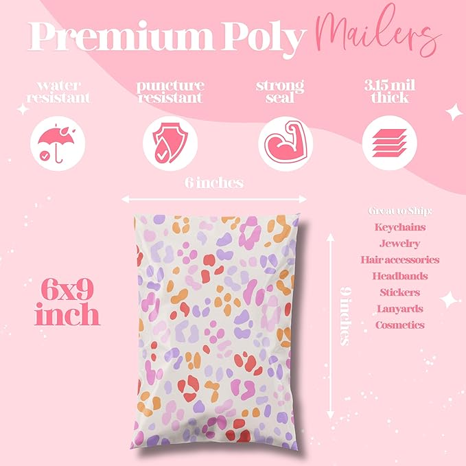 Pretty Package Store 6x9 Designer Poly Mailer 100 Pack Heavy Duty Waterproof Self Seal Shipping Bags for Small Business Large Mailing Envelopes Bulk Tear Resistant Cute Packaging Preppy Leopard