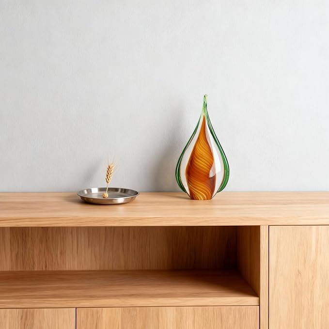 DOVDOV Blown Glass Sculpture, Green and Brown Glass Art Collectible Statue, Unique Teardrop Ornament, Suitable for Office, Bookshelf, Dressing Table, Living Room Coffee Table, or Mantelpiece Display.