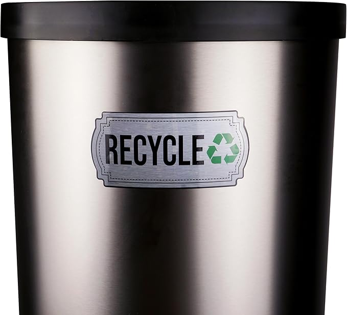 Recycle and Trash Stickers for Trash Cans - Stainless Steel Style Vinyl Recycling Bin Labels - 2 Pack - 6.5" by 3" Decals Logo - Waste Signs for Home Kitchen or Office Bins Indoor/Outdoor Use