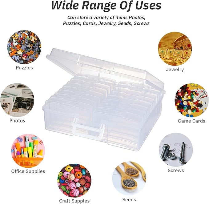 Party Club of America PCA Photo Storage Box 4" x 6" With Handle - 16 Inner Keeper, Large Organizer, Clear Plastic Craft Case for Stickers, Stamps, Jigsaw, Vegetable Seeds