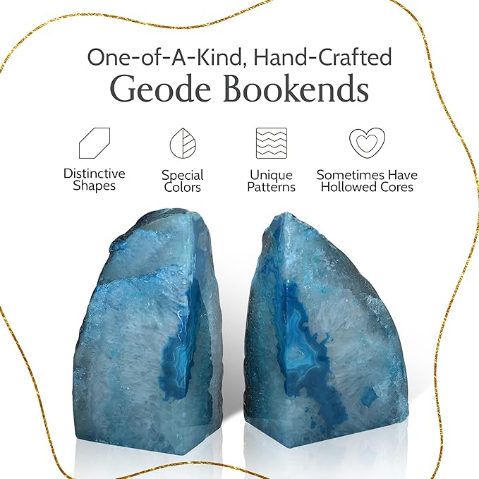 Nature's Decorations Agate Bookends - A Quality Teal Geode with Non-Skid Rubber Bumpers for Shelves, Office, Home Decor - Heavy Duty Cool Crystal Stone (2-3 LB)