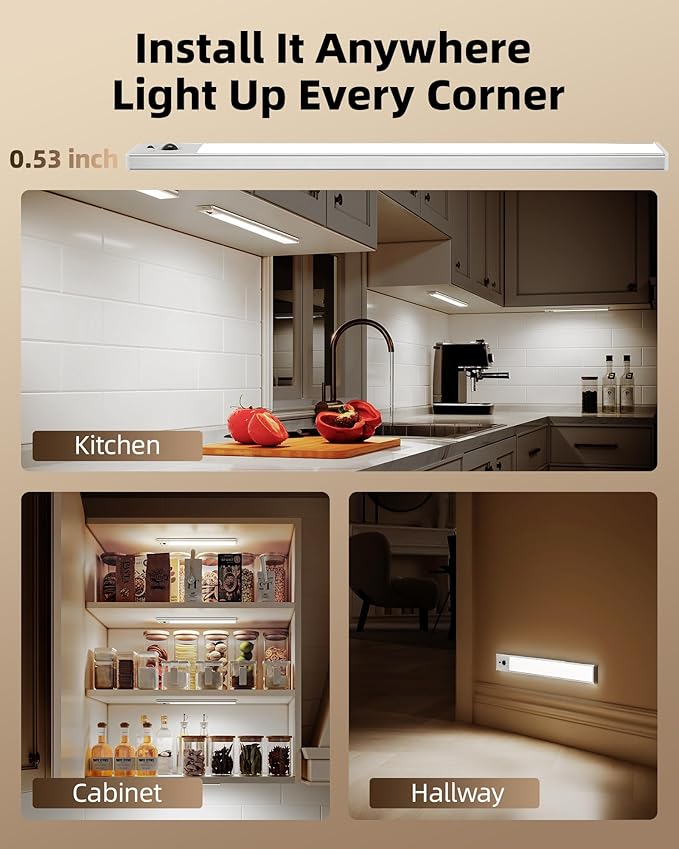 EZVALO 3 Pack Under Cabinet Lighting, 4000mAh Rechargeable Motion Sensor Light, 16inch Magnetic Closet Lights with Dimmable & 3 Color Temps, Wireless Motion Activated Lights with Remote for Kitchen