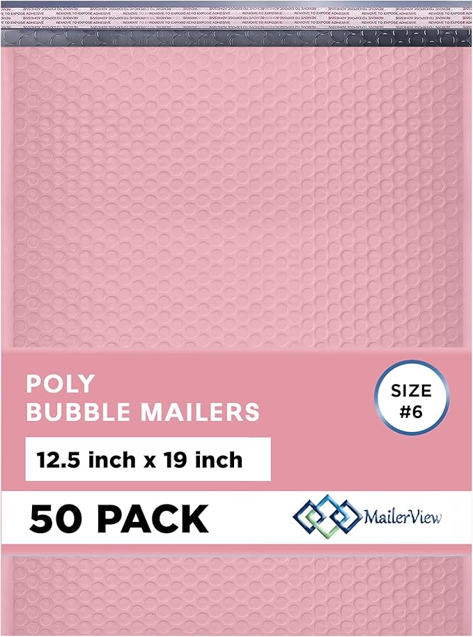 Light Pink 12.5x19.5 Inch Large Poly Bubble Mailers #6 | Padded Envelopes with Self Seal | Air Lined Cushioned Bubble Mailer | Usable Size 12.5x15 | 50 Pack Bulk | Lightweight shipping Bags