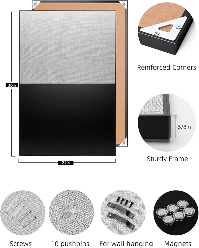 Lightomorrow Bulletin Board 36 x 24 inches, Black Board & Grey Fabric Board Combo, Black Aluminum Framed Linen Vision Board with 10 Push Pins