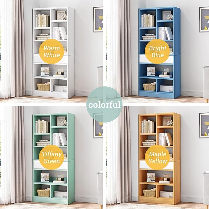 IOTXY Wooden Open Shelf Bookcase - 61" Height Freestanding Display Storage Cabinet Organizer with 8 Cubes and a Drawer, Floor Standing Bookshelf, Blue