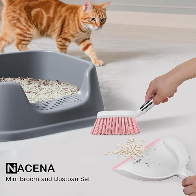 NACENA Mini Broom and Dustpan Set, Small Dust Pan and Brush Set with Handle Dustpan Teeth for Cleaning Hair Suitable for Office Desks Drawers Sofas Outdoor Camping, Pink