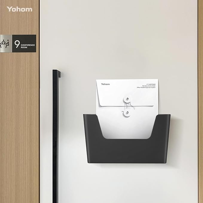 YOHOM No Drilling File Holder Wall Mails Magazines Organizer Adhesive Door Mount, Single Pocket, (White 1) (BLACK, 3 PCS)