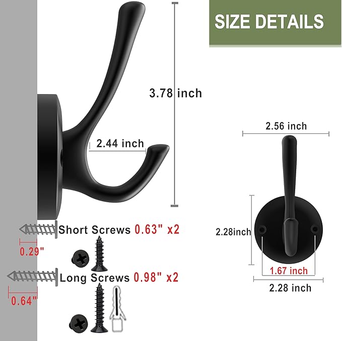 TOFIIGREM Matte Black Wall Hooks, 4 Pack Heavy Duty Coat Towel Hook Metal Double Backpack Hook Wall Mounted, Bath Towel Hooks for Entryway Cubicle Bathroom Closet Garage