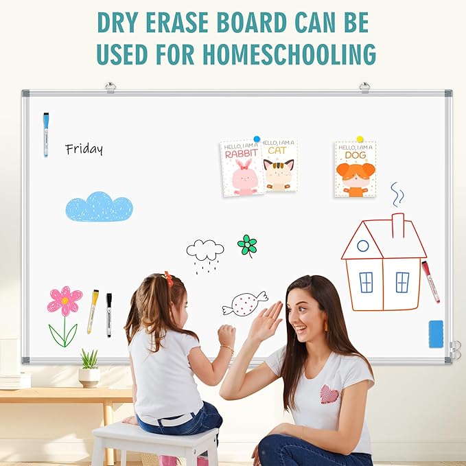 Large Whiteboard Dry Erase Board for Wall, 60" x 40" Double-Sided Magnetic Whiteboard with Long Pen Tray, Wall-Mounted White Board for Home, School, Office, Kitchen
