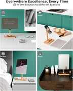 YEOUX Premium Desktop Glass Mirror, Dry Erase Board & Magnetic Phone Stand 3-in-1 | 360° Adjustable | Solid Wood | Compatible with Magsafe, Small Whiteboard for Office Home Desk