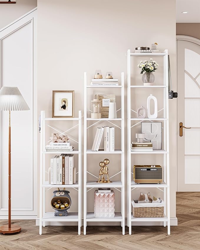 Hzuaneri Ladder Shelf, Bookshelf Bookcase, Freestanding Corner Storage Shelve with 2 Hooks for Home Office, Living Room, Kitchen, Bedroom, Industrial, 4-Tier White BC13213W