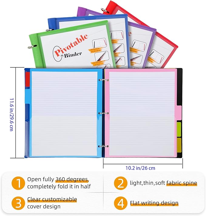 Tashkummy 360° Pivotable Project Organizer Binder, 3 Ring Binder with Colored Tab Dividers with Pockets, Customizable Front Cover Multi Pocket Folder Binders for Home, School, Office- Red