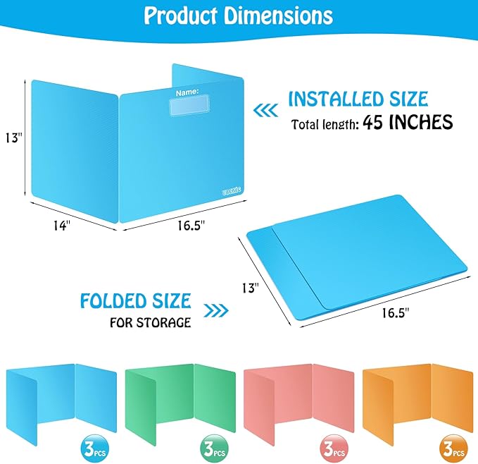 Colorful 12-Pack Desk Dividers for Students, Durable Plastic Study Carrel Divider, Easy to Clean Privacy Classroom Shield Folder Boards for Student Desk Pink Orange Blue Green