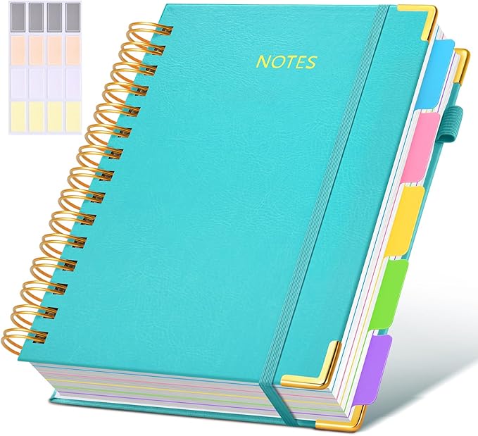 Hardcover Spiral Notebook journal with Removable Dividers Tabs, 300 Pages Leather 5 Subject Notebook College Ruled, 100GMS A5 Notebooks for Work School Note taking,Lined Journal for Women,A5-Blue
