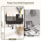 FifthQuarter Key and Mail Holder for Wall, Mail Organizer Wall Mount with 6 Hooks and Storage Drawer, Easy Installation Key Rack for Entryway and Home Decor (A-Black)