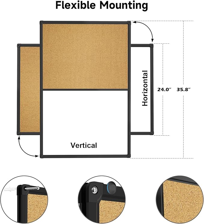 XBoard Magnetic whiteboard 36 x 24 - Combo Whiteboard Dry Erase Board/Cork Board, Magnetic White Board + Corkboard with Black Aluminum Frame, Colorful Push Pins & Marker Tray Included