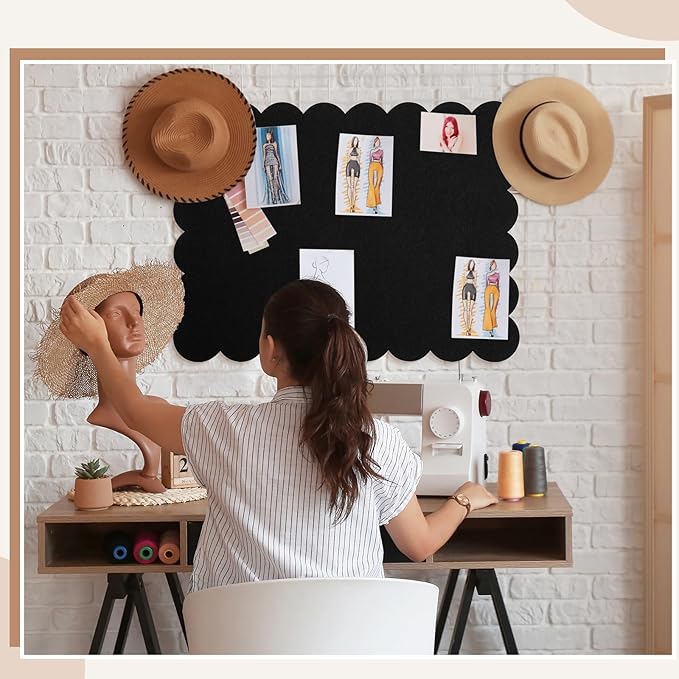 Mooliwe Scalloped Felt Bulletin Board 24 x 18 Inches Foldable Black Pin Cork Board Alternative for Wall, 2' x 1.5' Trifold Picture Vision Self Adhesive Bulletin Decorative