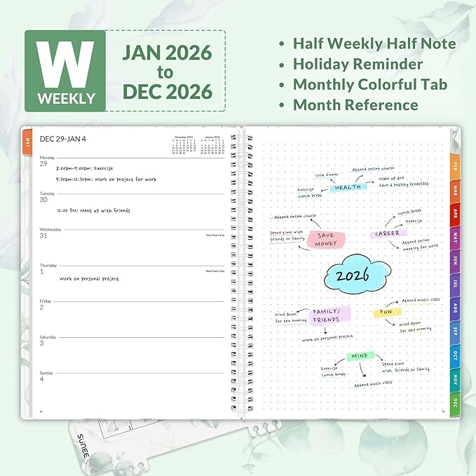 SUNEE 2026 Planner, Weekly and Monthly Calendar Planner, January 2026-December 2026, Daily Agenda with Tabs, Note Pages, Spiral Binding, 8.5"x11", Leaf