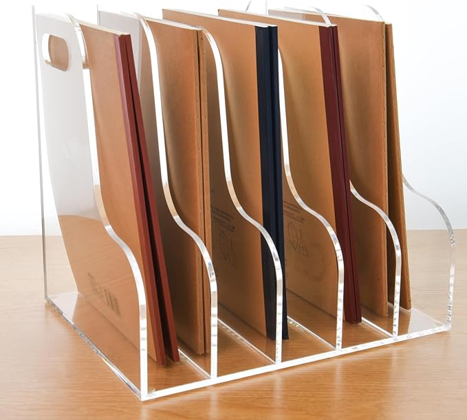 AIMOLLY 5 Vertical Compartments File Holder, Clear Acrylic Desk Organizer and Storage Bins Holding for Magazines, Binders, Notebooks, Envelopes, Multi-purpose Document Organizer for Home Office
