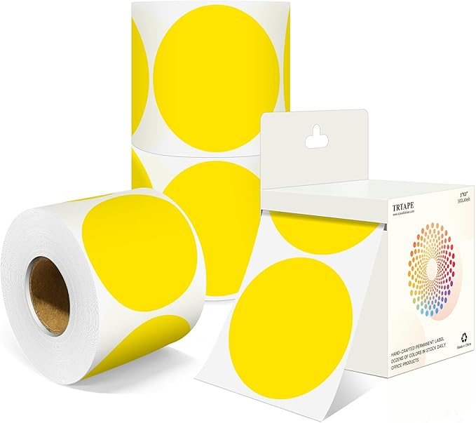 3 Inch Round Colored Dot Stickers, 2000 PCS, 4 Rolls in Dispenser Box - Yellow Circle Color Coding Labels Dot Labels for Office, Home, Inventory Organizing