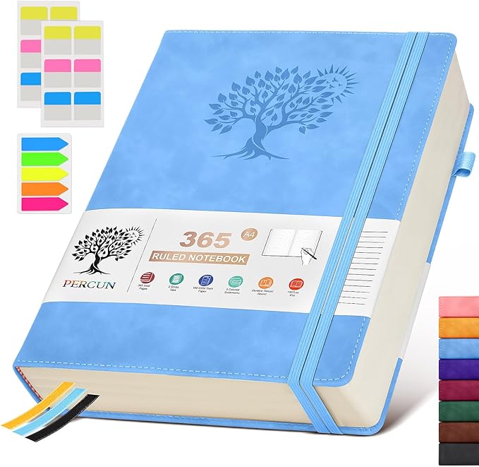 PERCUN A4 Lined Journal Notebook，365 Page Large Leather Journals for Writing Women Men，Hardcover Notebook with 100Gsm Thick Pages for Travel，Work，School，College Ruled, Daily Diary (8.5" x 11.4")