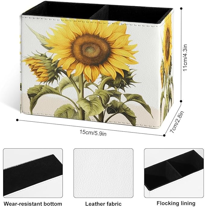 Famame Large Sunflower with Leaves Pencil Holder for Desk, Leather Desktop Container Pen Cup Storage Study Table Pen Organizer Makeup Brush Holder for Classroom Office Home
