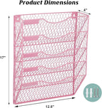 EASEPRES Mail Organizer Wall Mount Hanging File Holder Storage, Metal Chicken Wire Magazine Rack 5 Tier, Pink