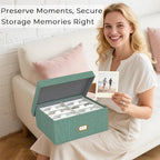 Decorative Photo Storage Box - 2 Pack Linen Photo Box Organizer with Dividers, Fits Holds Up to 1700 Pictures and 4x6 Photos, Memory Keepsake Organizer for Scrapbook Supplies, Cards, Stamps (Green)