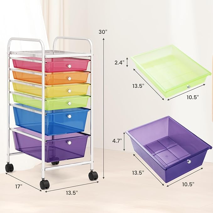RELAX4LIFE 6-Drawer Rolling Storage Cart - Classroom Organization on Wheels w/Removable Plastic Drawers, Mobile Art Craft Cart for School Paper Home Office, Utility Cart with Drawers (Color)