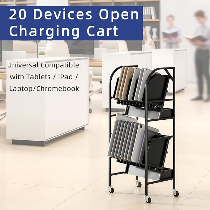 tonchean 20 Device Laptop Charging Cart, 2 Tier Open Charging Station for Laptops Tablet and Chromebook, Office and Classroom Mobile Charging Cart Open Charging Cart with Cable Management