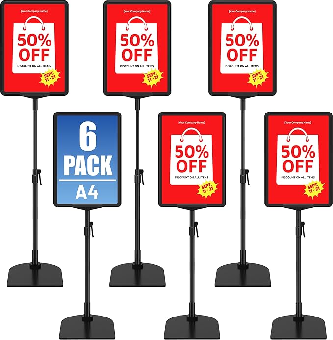 VAIIGO 6Pack Sign Stand for Display A4, Adjustable Poster Stand for Table Top & Floor, Floor Standing Sign Holder, Signage Stands for Business, Tradeshow, Store, Farm Display Stands
