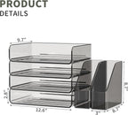 FANXIYQ Acrylic Paper Organizer with Movable Bookends, 4-Tier Stackable Paper Tray for Desk, Brown Clear File & Letter Tray Organizer Office