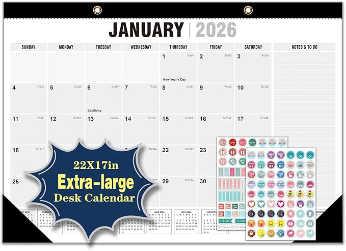 Desk Calendar 2026-2027 - 22" x 17", With 2 sticker, 18 Month Calendar Running to June 2027, Desktop/Wall Monthly Calendar Thick Paper, Corner Protectors for Homeschool or Office