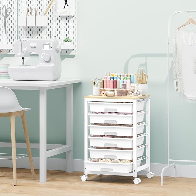 SYKIARIOL Rolling Storage Utility Cart with 6 Drawers and Wooden Tabletop for Under Desk Storage,White