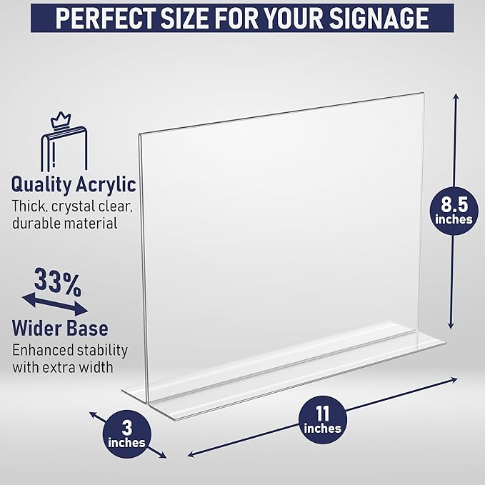Acrylic Sign Holder 11 x 8.5 - Acrylic T Shape Table Top Display Stand, 3 Pack, Double Sided, Bottom Load, Landscape Style Menu Ad Frame. Perfect for Restaurants, Promotions, Photo Frames, Classroom