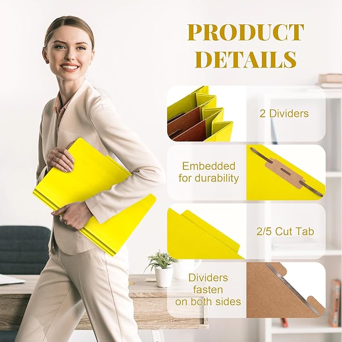 Skyygemm 36 Pcs Classification Folders Letter Size, 2 Divider Pressboard File Folders with 3. 5 Inch Expansion, 2 Prongs Fastener, Heavy Duty Office File Organizers for Teachers, Medical (Yellow)