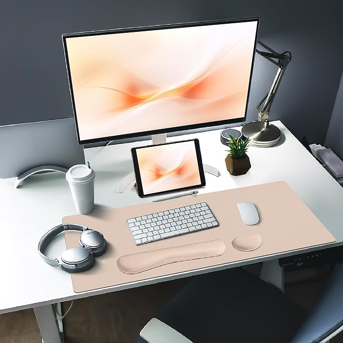 Bloss Leather Desk Pad and Keyboard Wrist Rest, Large Mouse Pad + Keyboard Pad+Mouse Wrist Support, Non-Slip Desk Mat Protector for Office, Home(27.6" x 13.8", Beige)