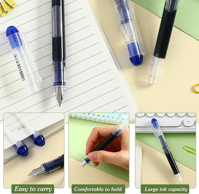 Crtiin 36 Pcs Disposable Fountain Pens, Back to School Quick Drying Ink Pen, Calligraphy Smooth Writing Pens for Journaling Office Supplies Sketching Doodling Beginner Artist Gifts(Black, Blue)