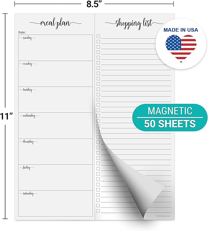 321Done Magnetic Meal Planning Notepad - Large Letter Size (8.5x11) Weekly Menu Planner Tear-Off Refrigerator Fridge Shopping List Meals Grocery Memo Pad - Perforated Sunday Start, Made in USA