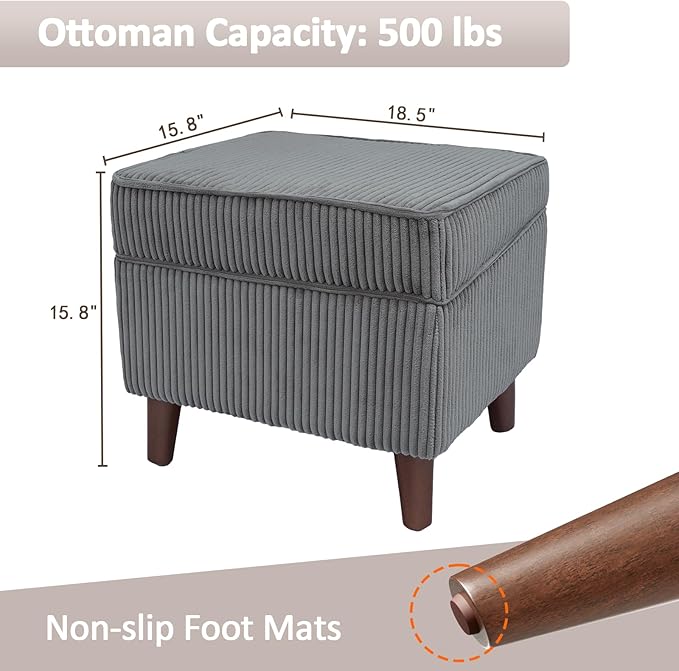 FAGAGA Storage Ottoman with Adjustable Lid, Soft Step Stool, Footrest and Seat, Ottoman Foot Rest for Living Room, Bedroom, Dorm, Light Gray