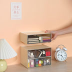 OSteed Desktop Drawers, Desk Organizer with 2 Drawers & Bunny Handles, Stackable Plastic Storage Box for Home Collection, Cosmetics, Office Supplies (1 Tall Layer, Cream & Clear)
