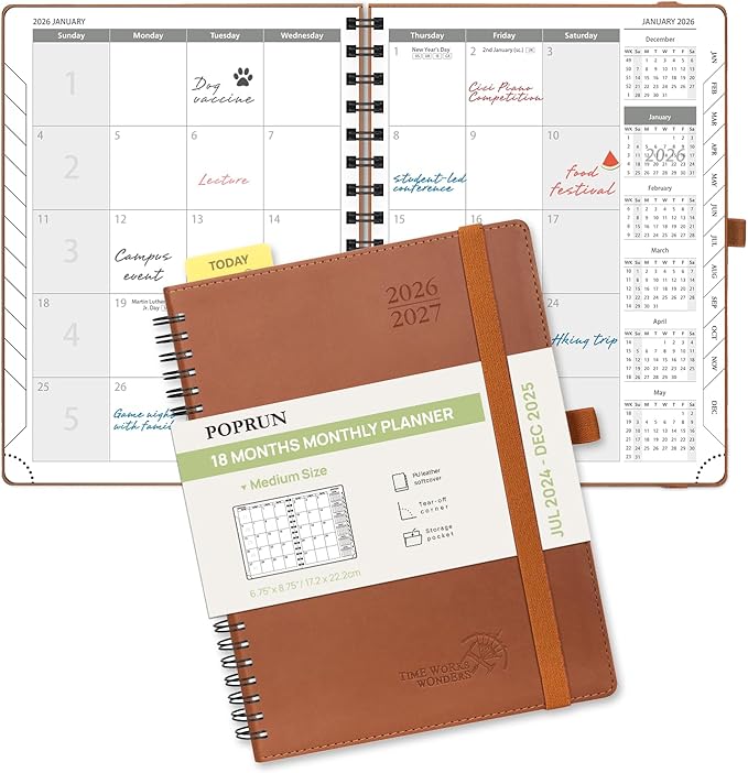 POPRUN Monthly Planner 2026-2027 (Medium 6.5" x 8.5") 18 Months Calendar Book(Jan 2026 - Jun 2027) - 4 Pages per Month with Expense & Notes, Stair-like tabs, Leather Cover, Sunday Start - Brown