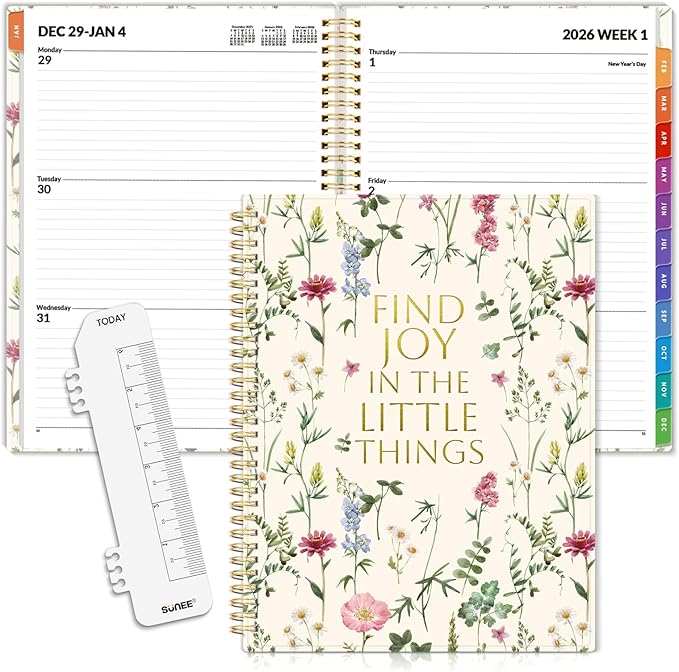 SUNEE 2026 Weekly and Monthly Planner - from January 2026 - December 2026, Daily Agenda Planner with Monthly Tab, Flexible Cover, Note Pages, Pockets, Bookmark, Spiral Binding, Wildflowers, 8.5"x11"